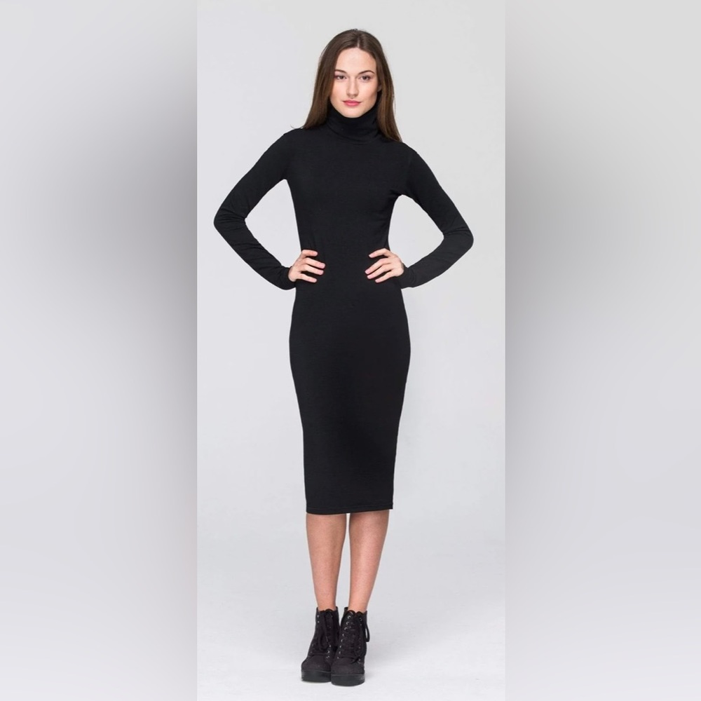 Midi Long Sleeve Ribbed Knit Turtleneck Dress